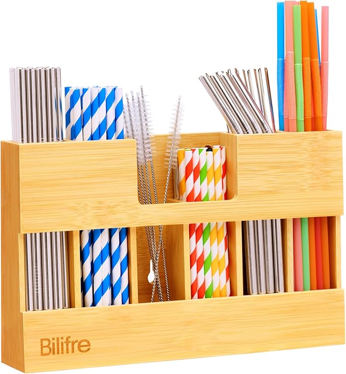Extra-Large Bamboo Straw Holder Organizer – 6 Compartments for Long & Short Straws | Magnetic & Adhesive Mount for Cabinet, Fridge, or Counter | Durable Trapezoid Design for Kitchen
