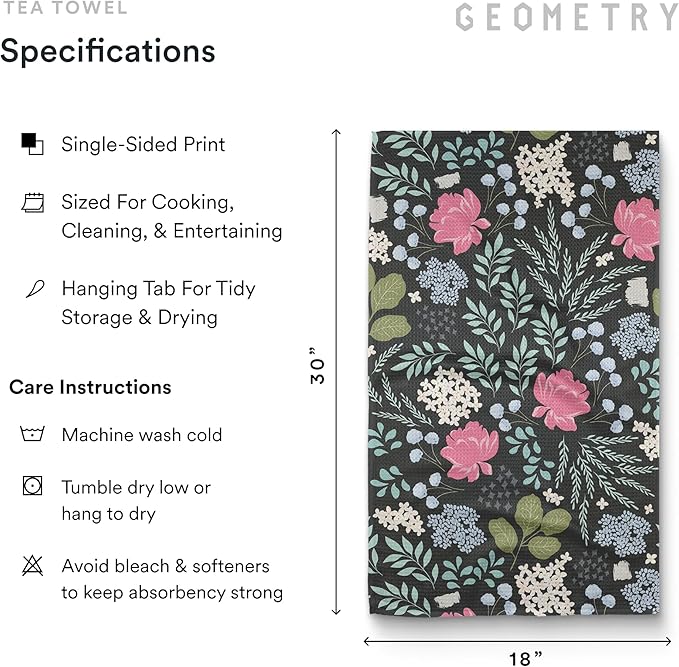 Kitchen Tea Towels - Quick Dry Microfiber Dish Towels for Kitchen Pretty Petals, 18" x 30" 2 Pack