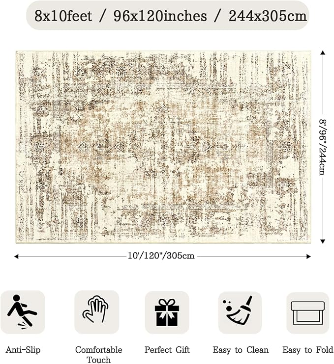 Madane 8x10 Area Rugs for Living Room, Machine Washable Vintage Natural Rug with Anti-Slip Backing, Soft Large Throw Rugs, Low Pile Carpet for Bedroom Dining Room Farmhouse Brown