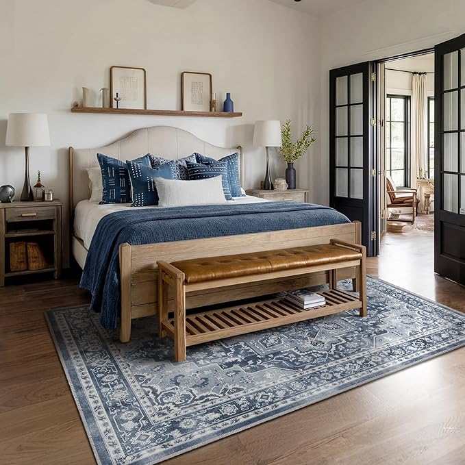 Blue Gray 5x8 Area Rugs for Living Room, Modern Vintage Medallion Dining Room Rug Washable Non Slip, Transitional Distressed Low Pile Thin Carpet Rugs for Den/Bedroom/Foyer/Home Office