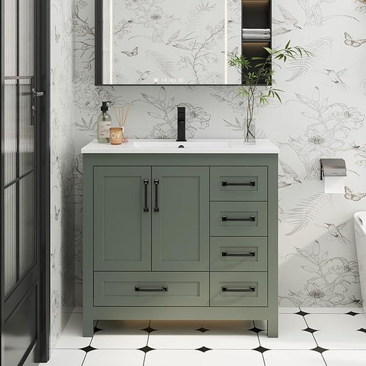 eclife 36" Bathroom Vanities with Sink Combo, Modern Thickened Wood Bathroom Storage Cabinet w/Undermount Sink, Matte Black Faucet Drain, Painted Surface, Green