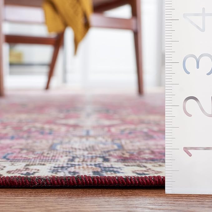 SAFAVIEH Washable Rug Tucson Collection - 2'6" x 12' Runner, Red & Beige, Slip Resistant & Easy to Clean, Ideal for Living Room, Bedroom, Dining Space (TSN174Q)