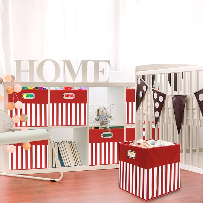 SIMPLE HOUSEWARE 13-Inch Collapsible Fabric Cube Storage Bin with Handles, Printed Design, 3 Pack, Red
