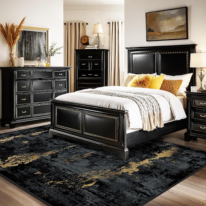 Washable Area Rugs 10'x12' Non-Slip Modern Abstract Soft for Living Room Entryway Bedroom Nursery, Print Pattern, Dark Black Gold