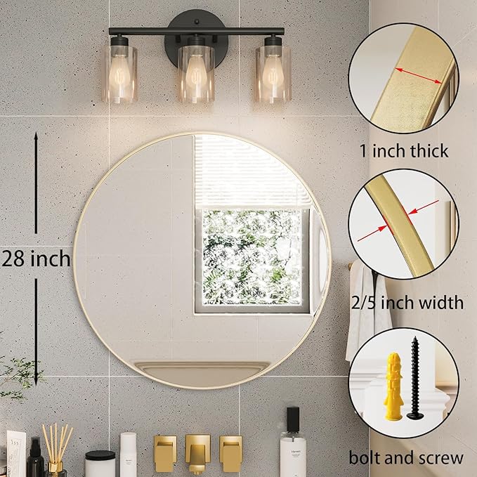 Growsun 28 inch Gold Round Mirror, Bathroom Mirror for Wall, Wall-Mounted Circle Mirror for Living Room Decoration, Wall Decor Mirror