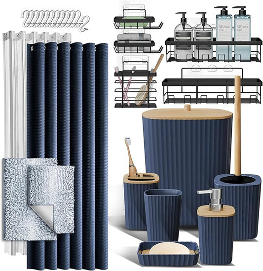 Clara Clark Bathroom Accessories Set - 27PC Bathroom Set with Adhesive Corner Shower Caddy Hanging, Bathroom Sets with Shower Curtain and Rugs, Ombre Navy Shower Curtain Set with Bathroom Trash Can