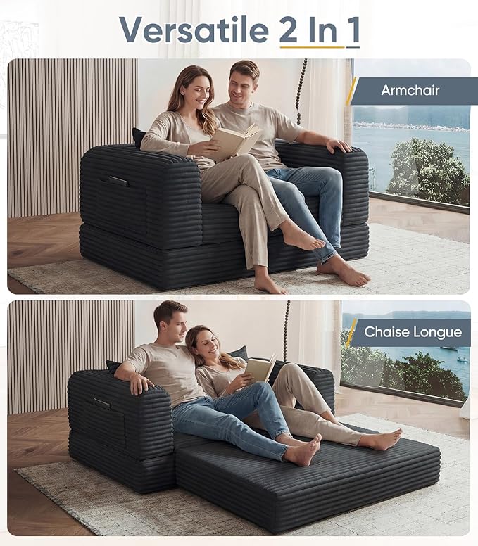 57“ Loveseat Folding Sofa Small Couches Armchair Convertible Chaise Longue Versatile 2 in 1 for Small Spaces, Couch Mid Century Love Seat Couches for Bedroom, Apartment, 2-Seater, Black