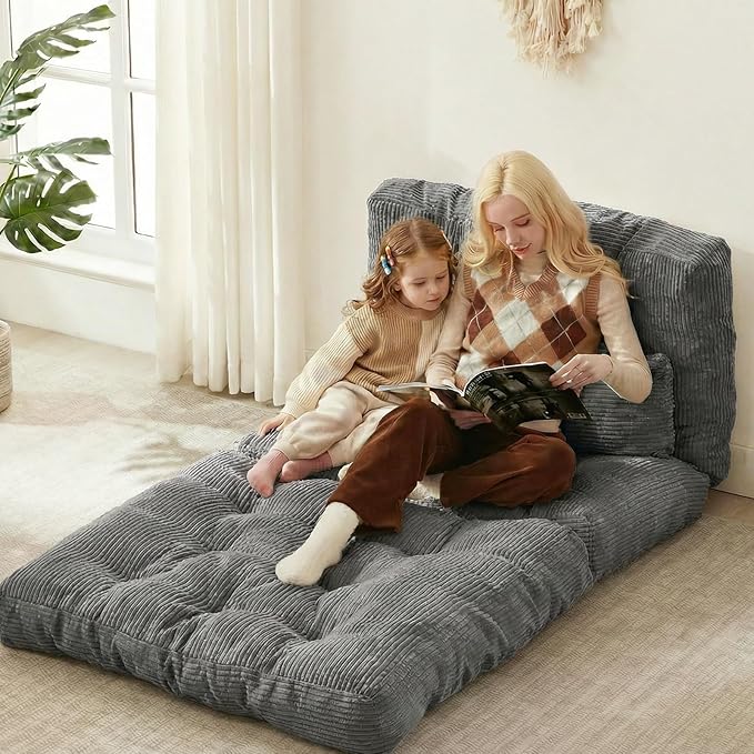 Folding Sofa Bed, Convertible Sleeper Chair with Pillow Foldable Mattress with Back Support, Portable Fold Out Chair Bed Comfy Floor Sofa Lounge for Living Room Bedroom, Dark Gray Twin 80x39 Inch