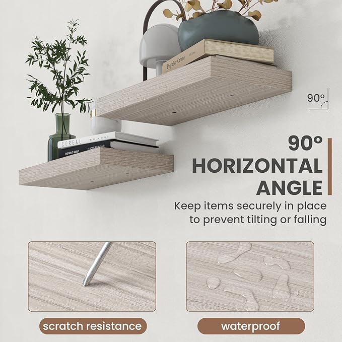 55 Inch Floating Shelves, 8 Inch Deep Floating Shelves for Wall, Hanging Shelf with Invisible Brackets, Deep Shelves for Bathroom, Bedroom, Living Room, Grey, Set of 2