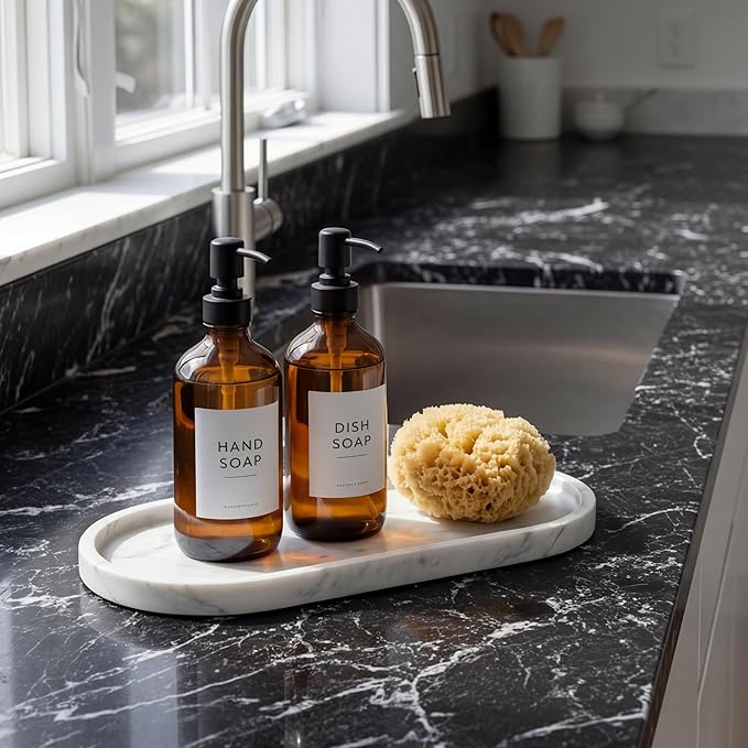 YKAJO 11.6" x 5.9" Oval Real Marble Tray for Bathroom & Kitchen Counter — 100% Natural Stone Decorative Vanity Tray for Dresser & Perfume — Heavy Catchall Organizer for Soap & Jewelry, White Gray
