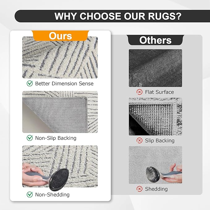 NICETOWN 8x10 White Area Rug for Bedroom, Jacquard Large Thin Washable Rug for Living Room Non-Slip Door Mat, Ultra Soft for Bedroom Living Room Kitchen Home Office, White and Grey