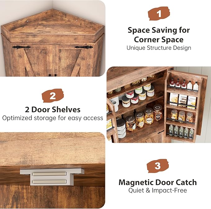Corner Cabinet,71'' Kitchen Pantry Storage Cabinet with 4 Doors and Shelves, Tall Food Pantry Storage Cabinet Farmhouse Furniture for Kitchen Dining Room, Brown