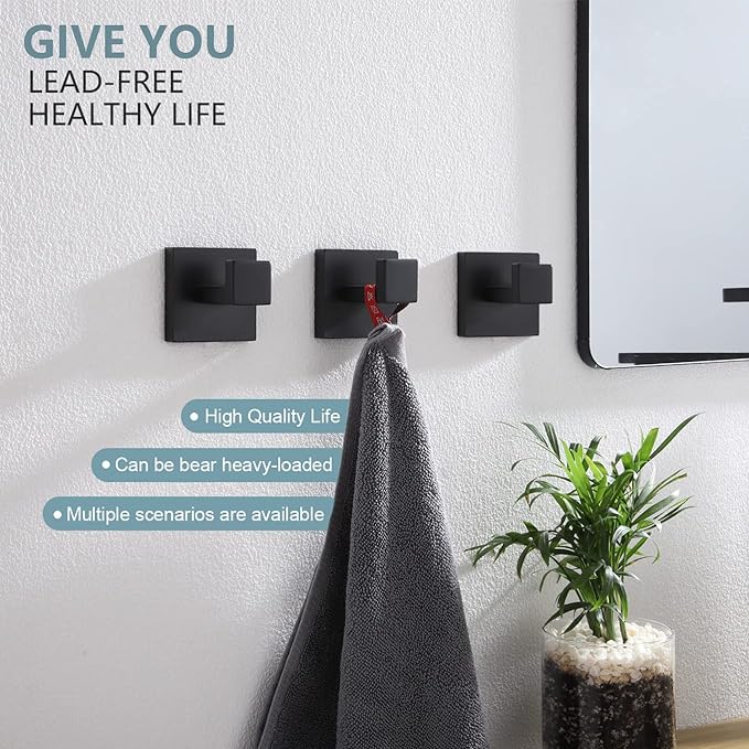 KOKOSIRI Bath Towel Hook Wall Mounted Square Robe Hook Coat Hook Bathroom Kitchen Garage Heavy Duty SUS 304 Stainless Steel 3 Pack Matte Black B1010BK-P3
