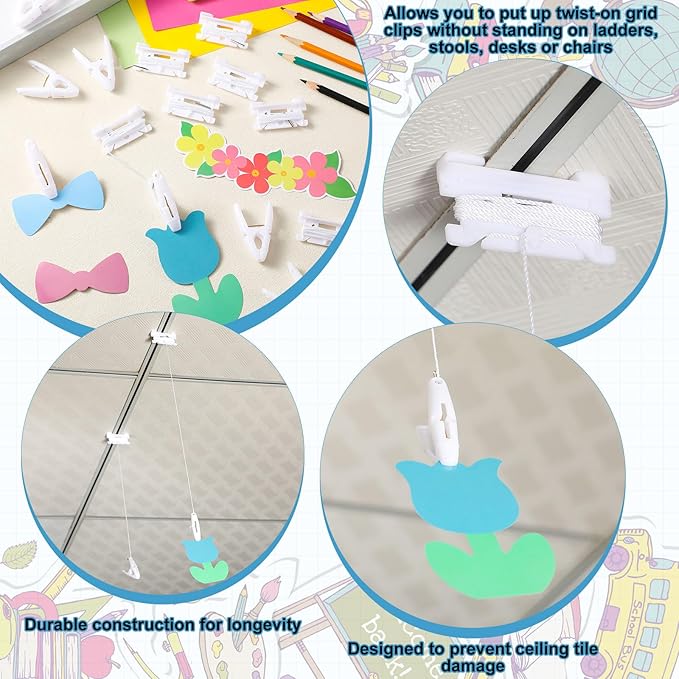 50 Pairs Drop Ceiling Clips for Classroom Ceiling Hanging Hooks White Hangers Clips for Hanging Drop Grid Decorations