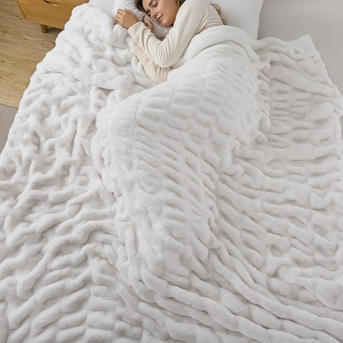 WDCOZY Ruched Faux Fur Throw Blanket Soft Cozy Fluffy Luxurious Blankets Couch Bed Sofa Chair Home Decor Warm Furry Fall Winter Plush Rabbit Fur Bubble Blanket 50" x 60", Ivory Cream White