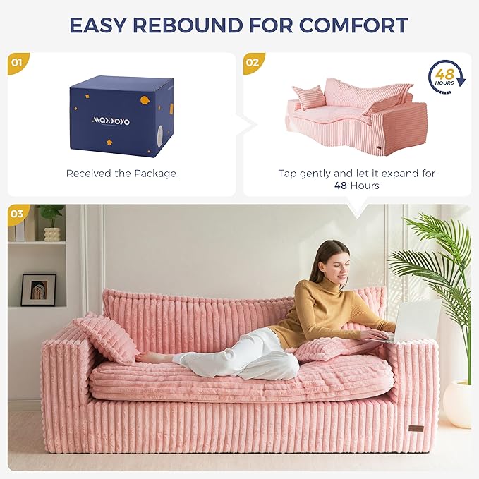 MAXYOYO 76" Bean Bag Sofa Couch, Loveseat Boneless Couch in a Box, Upholstered Small Mini Sofa with Deep Seating for Living Room Bedroom Office Apartment, No Assembly, Pink