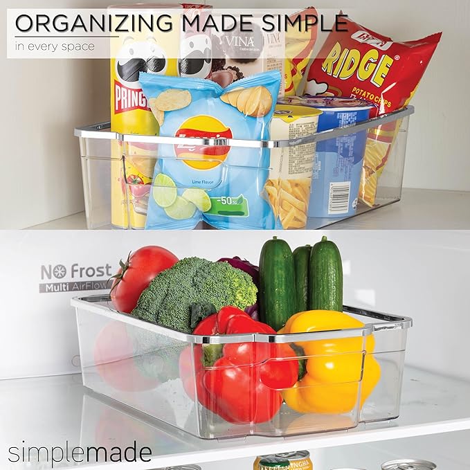 SIMPLEMADE Clear Refrigerator Organizer Bins - Clear Bins for Fridge, Containers for Fridge and Freezer, Multipurpose Storage for Kitchen, Office, Bathroom, Silver Rim (8" x 12")