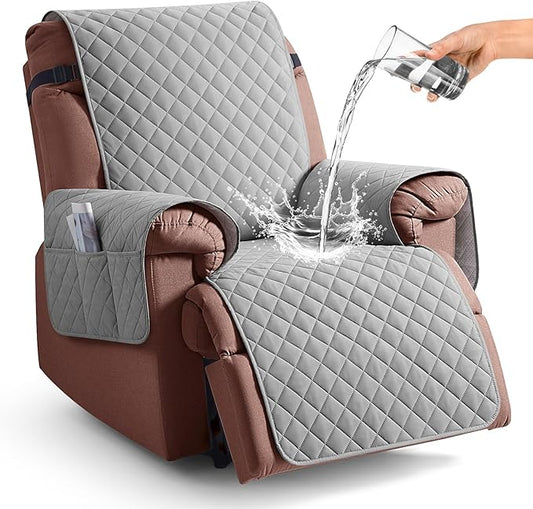 KinCam 100% Waterproof Recliner Chair Cover, Reclining Couch Covers for Pets, Dogs, Recliner Couch Slipcover Furniture Protector with Elastic Straps for Kids(30", Light Gray)