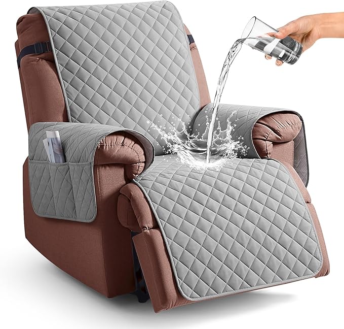 KinCam 100% Waterproof Recliner Chair Cover, Reclining Couch Covers for Pets, Dogs, Recliner Couch Slipcover Furniture Protector with Elastic Straps for Kids(23.6", Light Gray)
