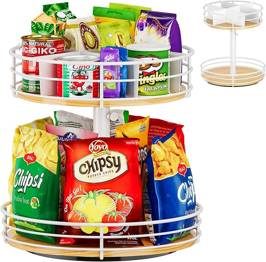 Snack Organizer with Adjustable Height and 360°Rotation, 2 Tier Lazy Susan Snack Storage Holder for Countertop Office Home Breakroom, White