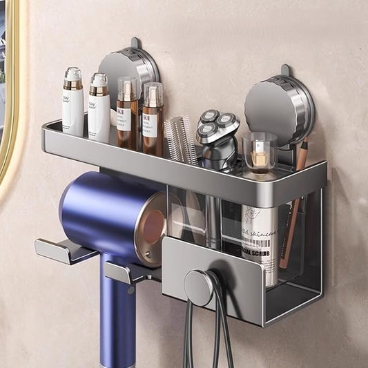 Suction Cup ALUMINUM Hair Dryer Storage Organizer with Shelf & Hooks for Bathroom. Reusable, Rustproof, No Drill, No Tools. Multifunctional, Hang Towel, Loofah, Sponge (2 Cups, Gray)