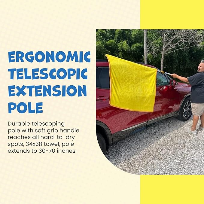 ShamPow XL 38"x 34" Car Drying Towel with Pole, Streak Free, Lint Free, Reusable - Car Accessories, Bath Towels, Microfiber Cleaning Cloth for Car, Truck, SUV - One Pass is All You Need