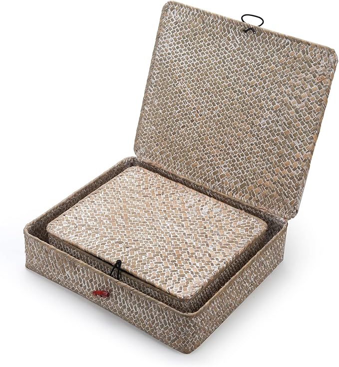 DOKOT Whitewash Flat Seagrass Storage Bins with Lid, Wicker Basket for Shelf Organize, Set of 2 (Small+Large)