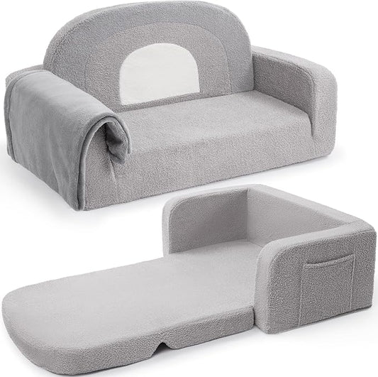 Extra Wide Kids Couch, 2-in-1 Soft Toddler Couch with Blanket, Comfy Toddler Chair, Convertible Sofa with Cute Rainbow Design, Grey