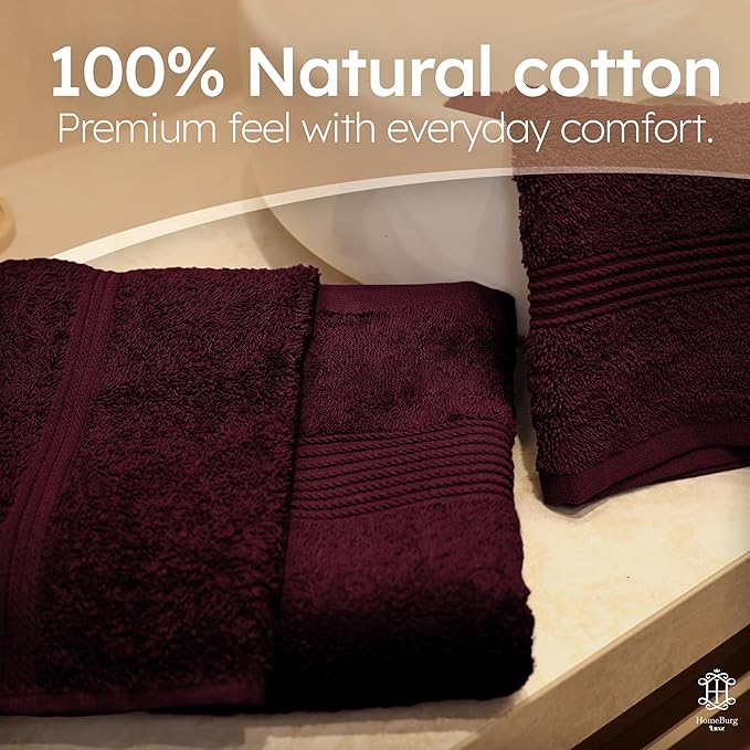 Luxe Set – Washcloths (30 x 30cm), Hand Towels (40 x 70cm) & Bath Towels (65 x 137 cm) – 100% Cotton, Soft, Absorbent, Easy Care, Versatile, (Velvet Wine)
