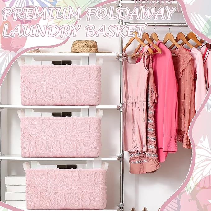 Kathfly 3 Pcs Bow Foldable Storage Baskets Plush Faux Fur Jacquard Design Laundry Basket with Handles Waterproof Storage Bins Fabric Shelf Baskets for Organizing Closet Clothes