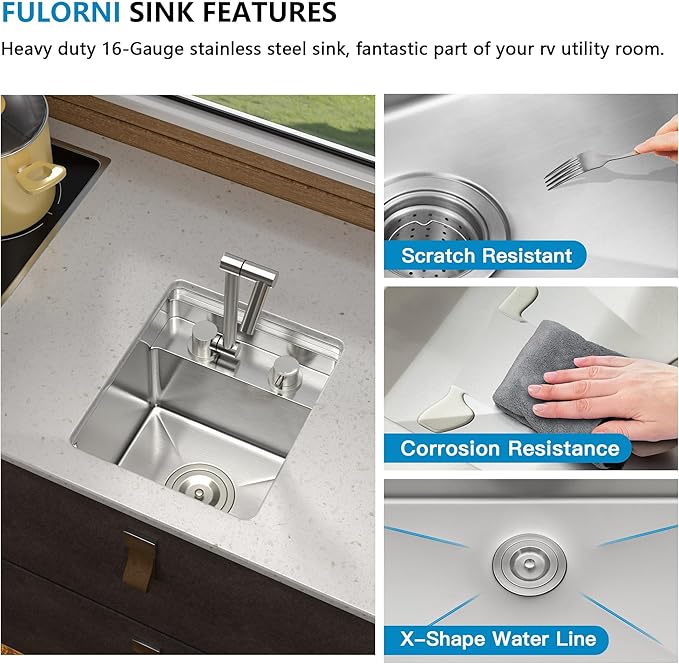 Small RV Kitchen Sink - Fulorni 13"x15" Outdoor RV Camper Mobile Bar Prep Sink Undermount 16 Gauge Stainless Steel Hidden Single Bowl Basin with Foldable Faucet