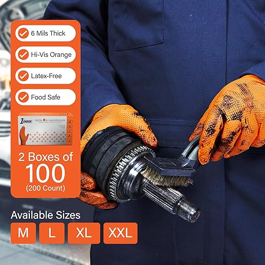 1st Choice 6 mil Orange Gloves, Disposable, Latex Free, Raised Diamond Grip, Mechanic Glove for Men, Medium, 2 Boxes of 100
