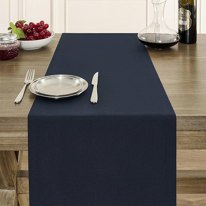 ZeeMart Basic Linen Style Table Runner, 14 x 90 Inch Dark Navy, Rustic Farmhouse Dark Blue Table Runners 90 Inches Long, Everyday Polyester Table Runner - Machine Washable & Easy Care