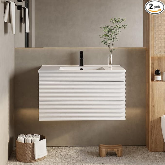 eclife 36" Floating Bathroom Vanity with Sink Combo Mid-Century Wall Mounted Cabinet with Wood Stripes Decor, Drawers, Undermount Sink, Faucet, Drain, Mixed White