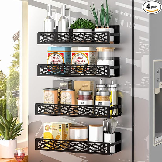 4 Pack Magnetic Spice Rack for Refrigerator, Heavy Duty Metal Magnetic Fridge Spice Rack Organizer with 4 Hooks, No Drilling Rustproof Spice Storage for Kitchen Organization,11LB Load Capacity