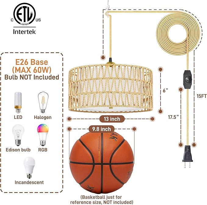 13'' Gold Plug in Pendant Light, Boho Dimmable Hanging Lamp with Rotary Dimmer Switch & 15ft Cord, Rattan & Fabric 2-in-1 Shade, Farmhouse Pendant Lights Kitchen Island Living Room Bedroom, ETL Listed