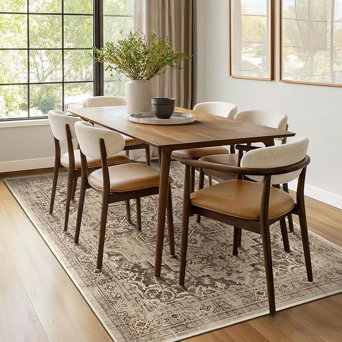 Brown Medallion 5x7 Area Rugs for Living Room, Washable Non Slip Bedroom Rug with Distressed Medallion Pattern, Low Pile Thin Carpet Rugs for Dining Room/Kitchen/Home Office, Taupe Brown Black