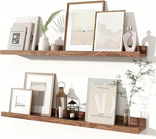 Fun Memories Picture Ledge Shelves Set of 2, 32 Inch Rustic Wall Mounted Floating Shelves with Lip for Home Storage and Décor in Bathroom, Kitchen, Nursery, Bedroom, Living Room, Walnut