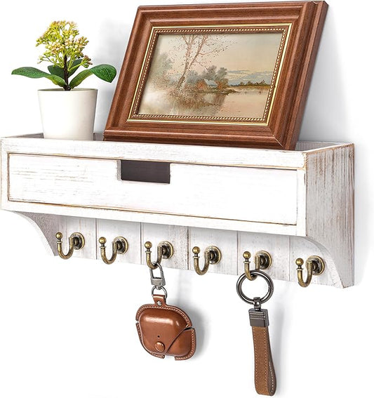Rebee Vision Pine Wood Key Holder Wall Mount with Drawer Organizer for Farmhouse Decor – Mail Organizer with 6 Sturdy Key Hooks and Storage Drawer – Room Decor for Apartment Essentials (Whitewash)