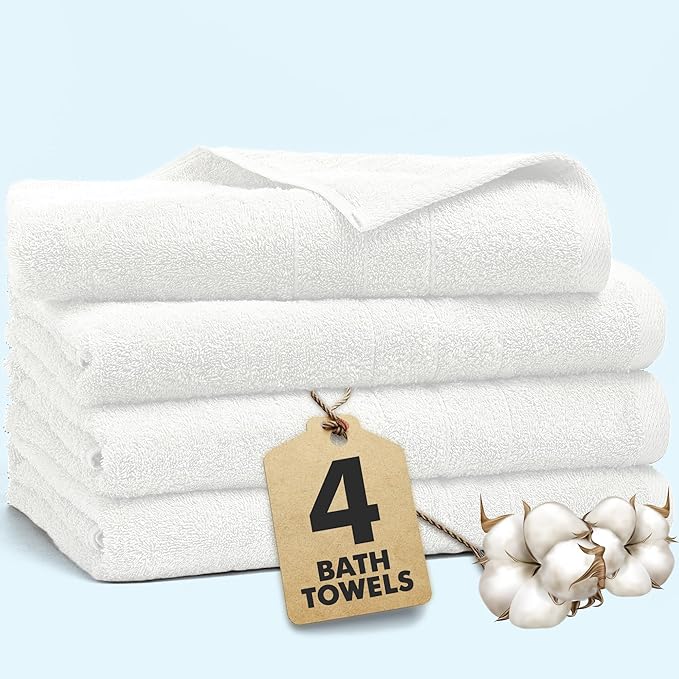 Bath Towels Set of 4 – 100% Cotton White Extra Large Towels for Bathroom, Spa Use (55x28 in) – Super Soft and Quick Dry Large Bath Sheets for Adults