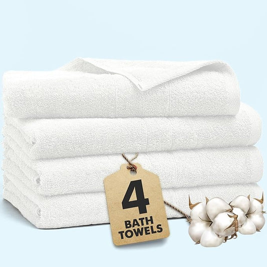 Bath Towels Set of 4 – 100% Cotton White Extra Large Towels for Bathroom, Spa Use (55x28 in) – Super Soft and Quick Dry Large Bath Sheets for Adults