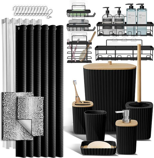Clara Clark Bathroom Accessories Set - 27PC Bathroom Set with Adhesive Corner Shower Caddy Hanging, Bathroom Sets with Shower Curtain and Rugs, Ombre Black Shower Curtain Set with Bathroom Trash Can