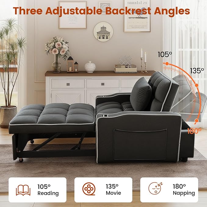 Convertible Sleeper Chair Bed, Pull Out Chair Sleeper with Bracket and Cup Holder, Chairs Bed Sleepers for Adults, 3 in 1 Sofa Bed Chairs for Small Spaces, Living Room, Black