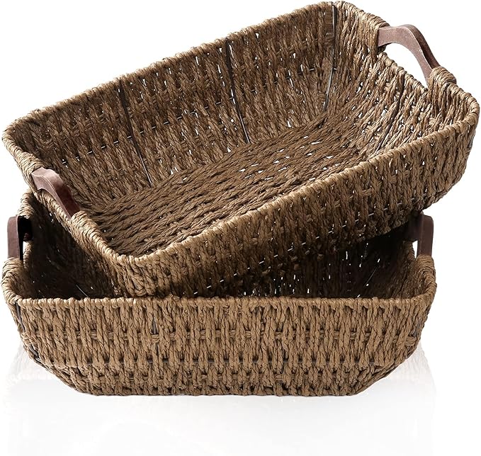 FairyHaus Hand-Woven Wicker Storage Basket with Natural Wooden Handles Set of 2, Recyclable & Renewable Paper Rope, 15x10x5 Wicker Baskets for Storage, Brown