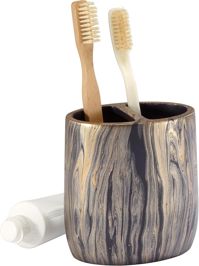 Nicole Miller - Toothbrush Holder, Resin Countertop Accessories, Multipurpose Home Decor, Dorm Room Essentials (Harper Collection, Black/Gold)