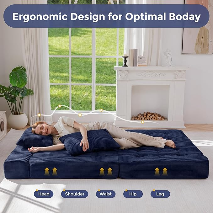 MAXYOYO Folding Sofa Couch, Convertible Floor Sleeper Couch with 2 Pillows, Tufted Floor Loveseat Couch Tufted Fold Out Chair Bed Comfy Sofa Lounge for Living Room Bedroom, Navy