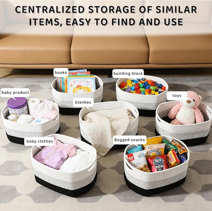 4 Pack Storage Baskets for Organizing, 12''Lx10''Wx8''H Woven Baskets for Storage Toys, Towels, Books, and Clothes, Cotton Rope Basket for Shelves with Handle (White & Black)