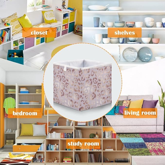 Bolaz Leopard Print Cheetah Rose Gold Closet Organizers Storage Cubes Storage Bins Shelf Baskets Containers for Home Kids Room Toys Office,Square