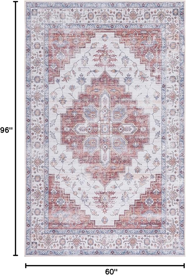 SAFAVIEH Washable Rug Tucson Collection - 5' x 8', Ivory & Rust, Slip Resistant & Easy to Clean, Ideal for Living Room, Bedroom, Dining Space (TSN109A)