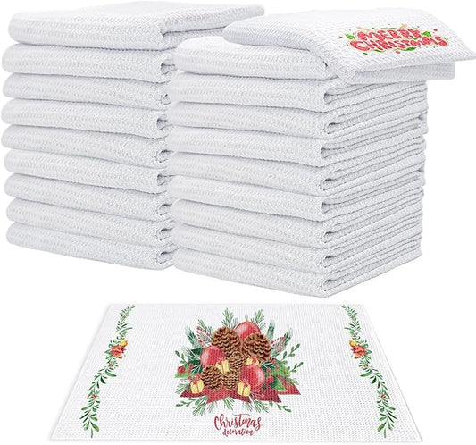 YOUKE OLA 20 Pack Sublimation White Towels Waffle Weave Kitchen Towels Blanks Microfiber Dish Drying Towel for Heat Transfer 16x24 Inch